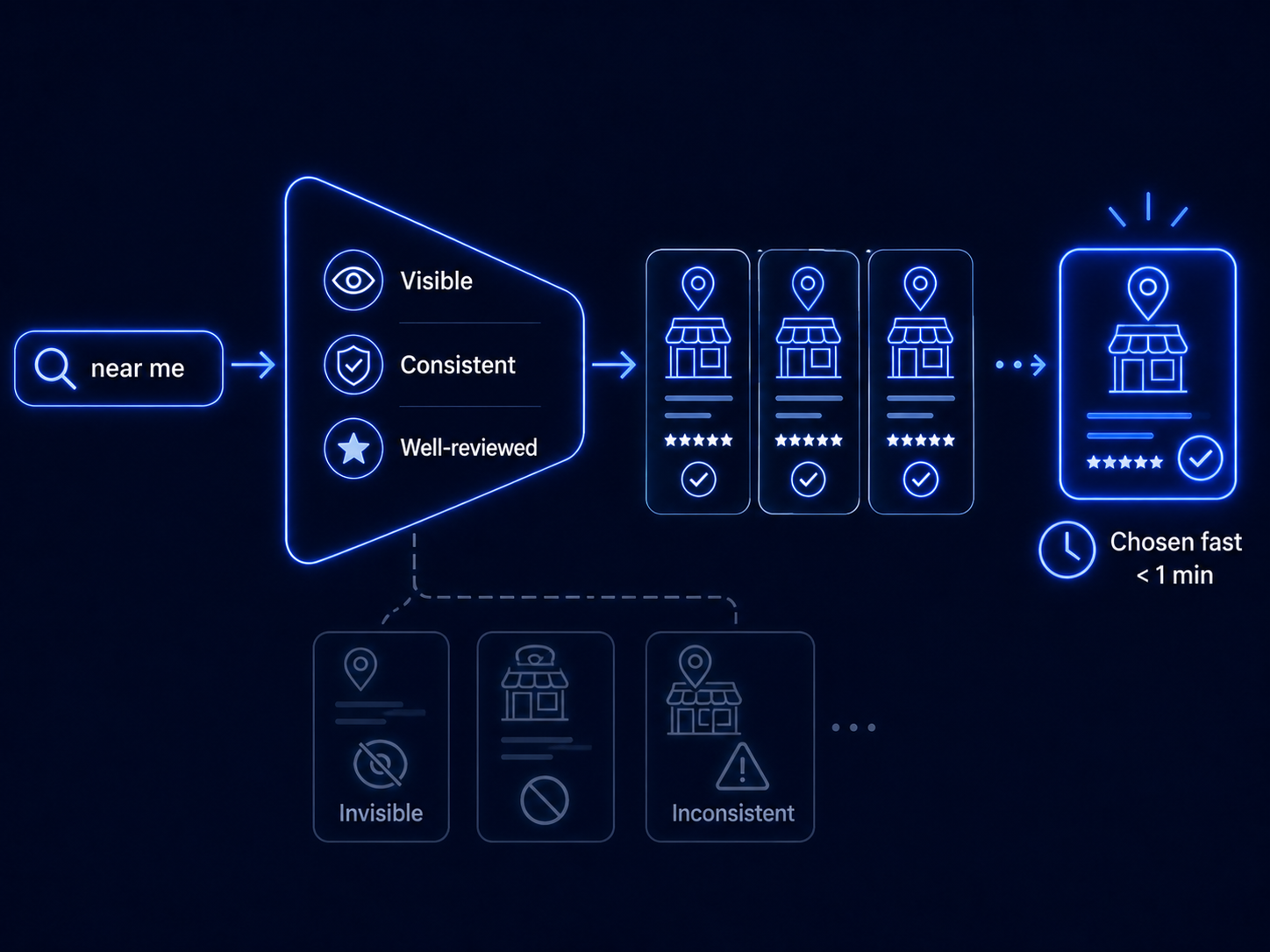 the moment-of-intent path. A customer searches "near me" for a discovery-driven category, sees the locations that are visible + consistent + well-reviewed, and chooses one within a minute. Invisible or inconsistent locations never enter the